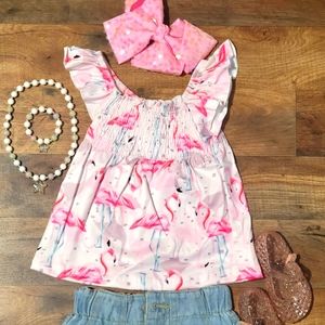 Girl Flamingo pink 💗 top with Denim shorts (2 piece set)
